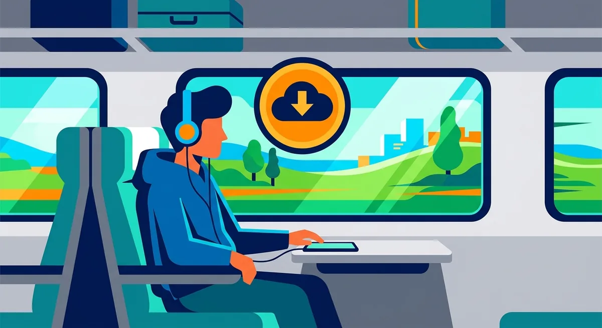 列車の座席で車窓を眺めながらヘッドホンで音声を聴くイメージのイラスト。事前にダウンロードしたことを示すアイコンが描かれている