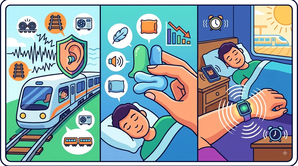 走行音やレール音、空調音を耳栓で抑えて眠るイメージのイラスト。アラームで起きる様子も描かれている