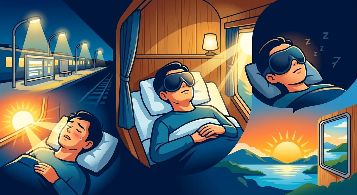 夜行列車で睡眠を妨げる光のイメージ図。停車駅ホームの照明や早朝の日差し、遮光アイマスクを着けて眠る様子を描いたイラスト