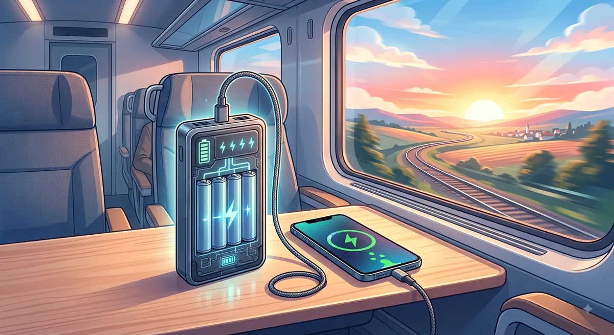 列車の座席テーブルでモバイルバッテリーからスマートフォンを充電しているイメージのイラスト。窓の外には日中の車窓が広がっている