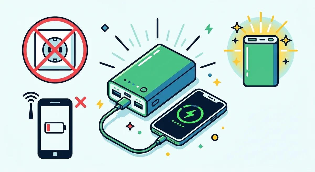 コンセントが使えない状況でモバイルバッテリーからスマートフォンを充電するイメージのイラスト