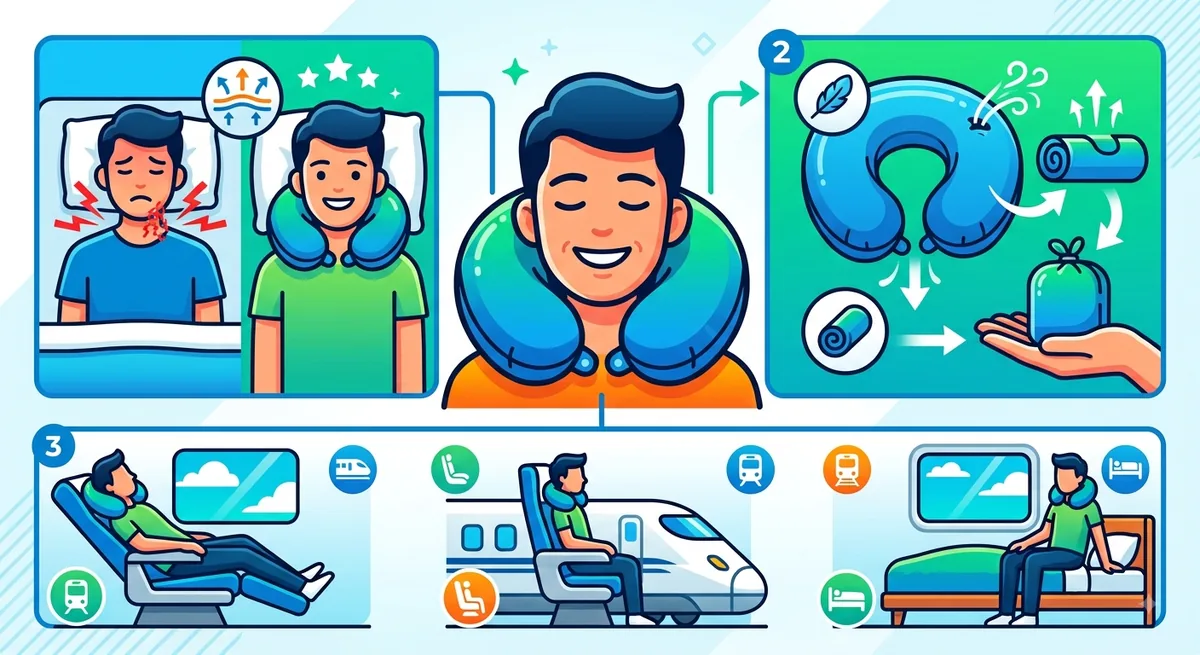 ネックピローを使って首を支え、列車の座席で快適に休むイメージのイラスト。空気を抜いて小さく持ち運べる様子も描かれている