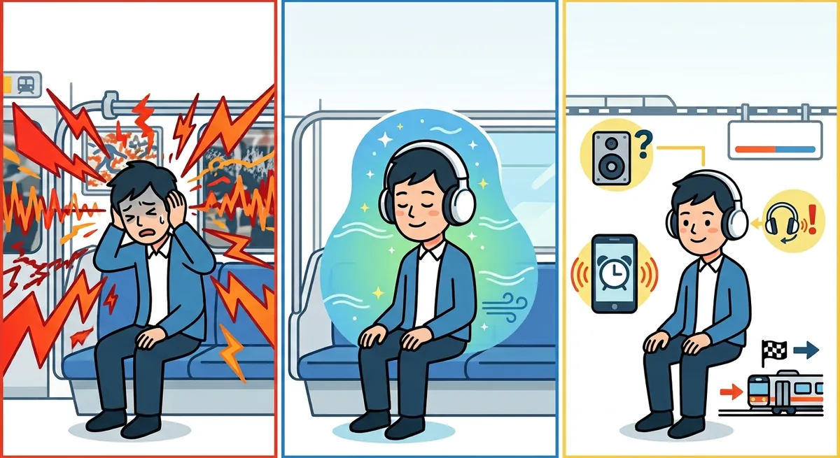 走行音に悩む様子、ノイズキャンセリングイヤホンで静かになった様子、車内放送が聞こえにくくなるためアラームを設定する様子を描いたイラスト