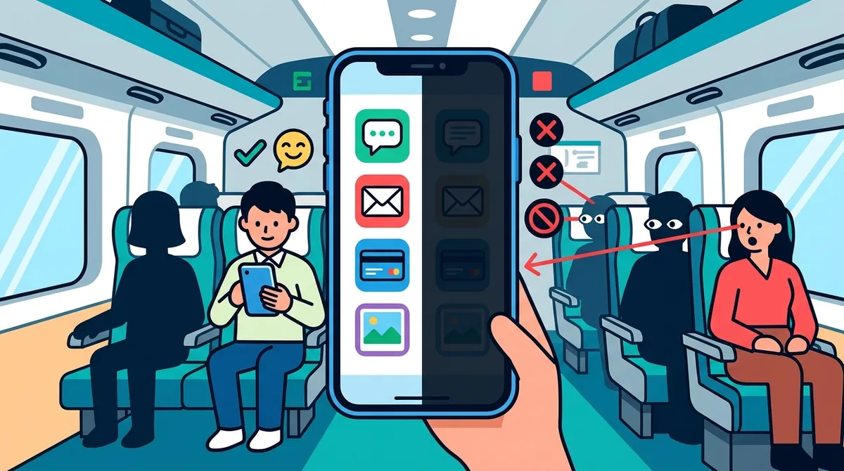 覗き見防止フィルターを貼ったスマートフォンのイメージ。正面からは画面が見えるのに、斜めからは暗くなって読めない様子を描いたイラスト